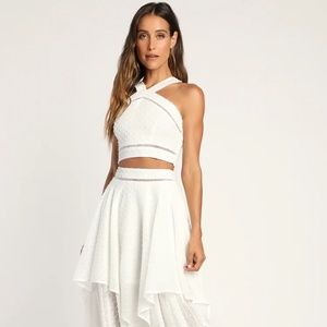 Lulus Set to Win White Swiss Dot  Two-Piece Handkerchief Midi Dress